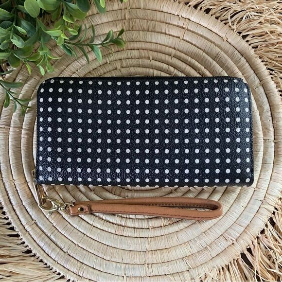 FOSSIL Zip Around Wallet Black White Polka Dots Wristlet - Picture 1 of 11